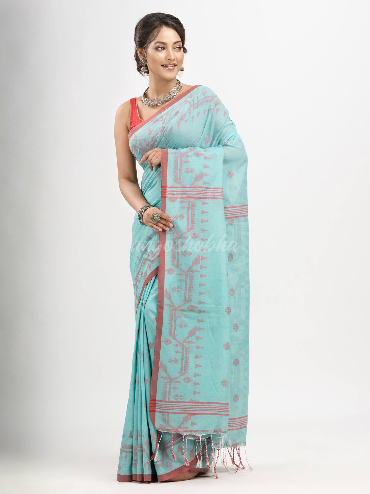 Electric Blue cotton jacquard jamdani saree