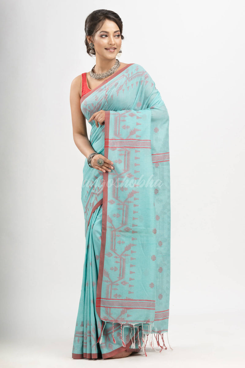 Electric Blue cotton jacquard jamdani saree