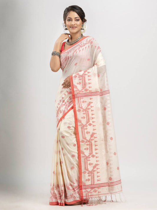 White cotton jacquard jamdani saree