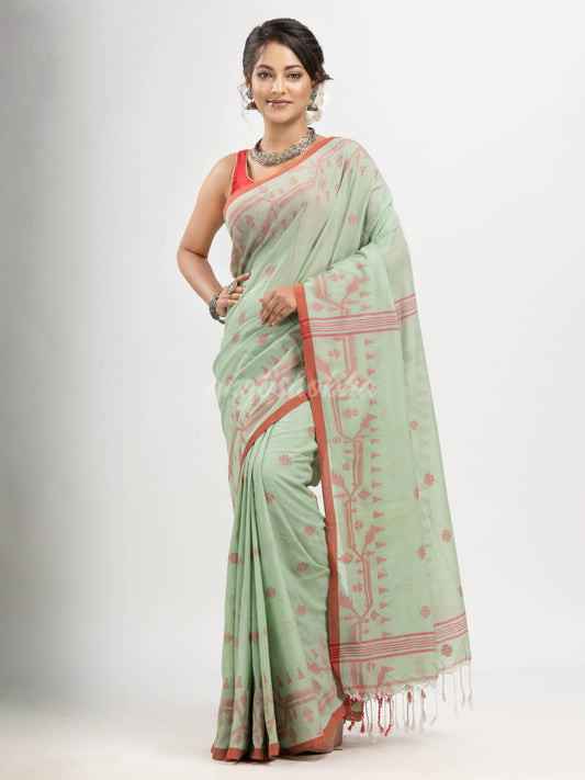 Sage Green cotton jacquard jamdani saree