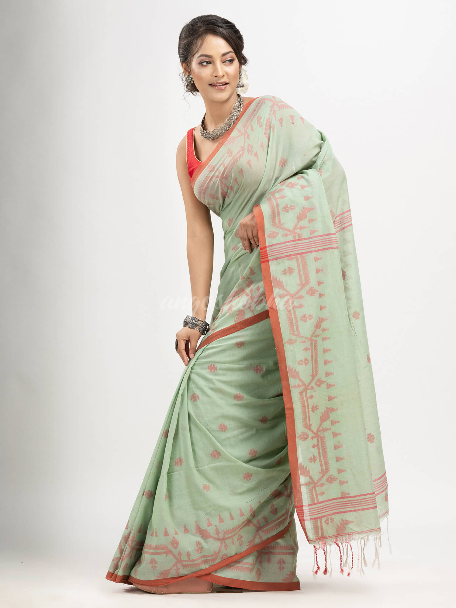 Sage Green cotton jacquard jamdani saree