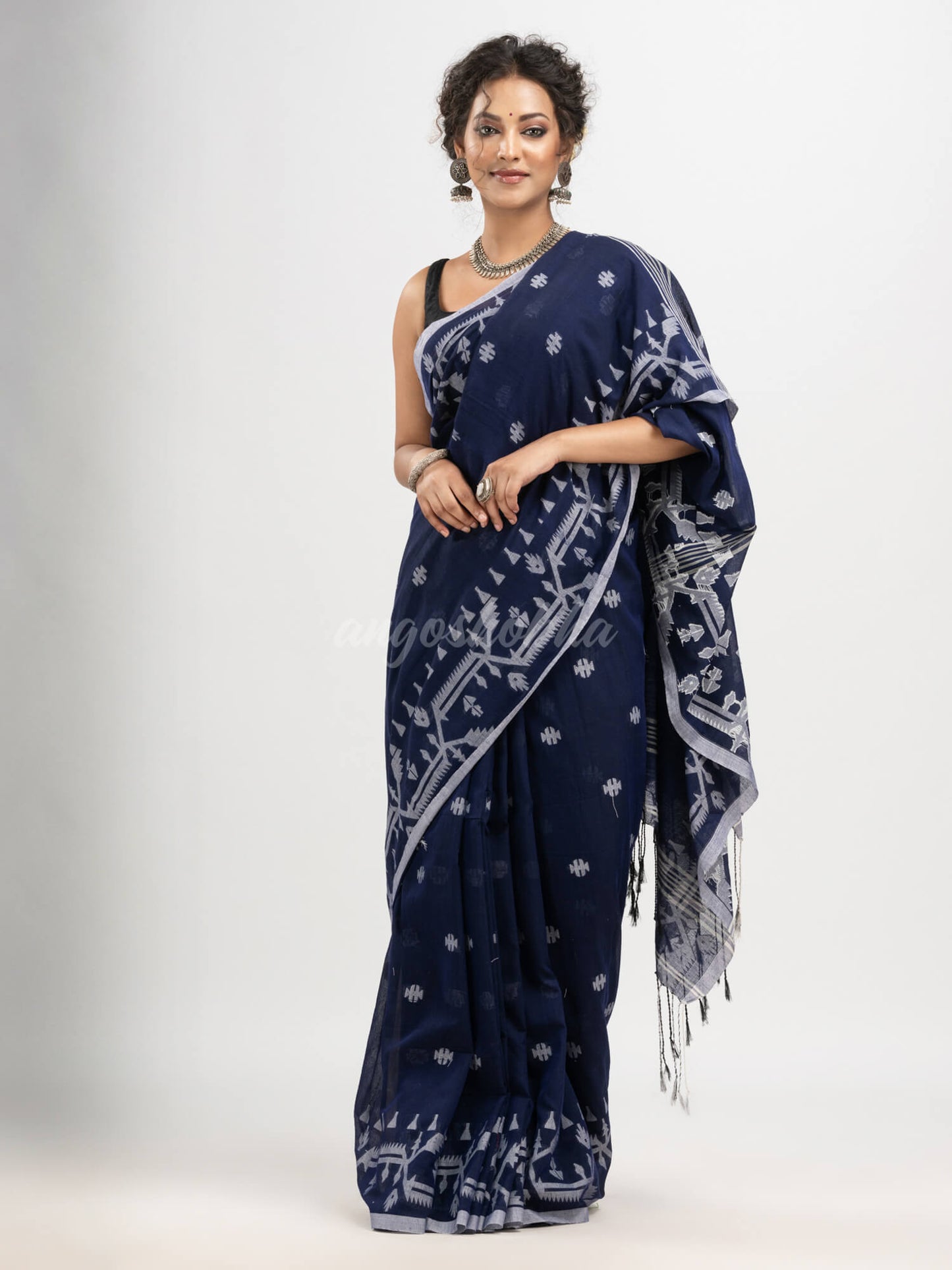 Navy Blue cotton jacquard jamdani saree