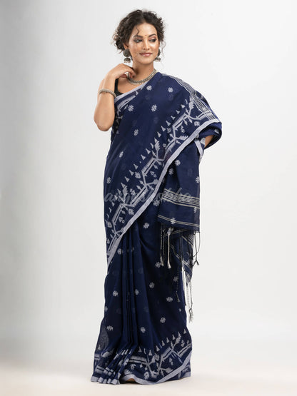 Navy Blue cotton jacquard jamdani saree