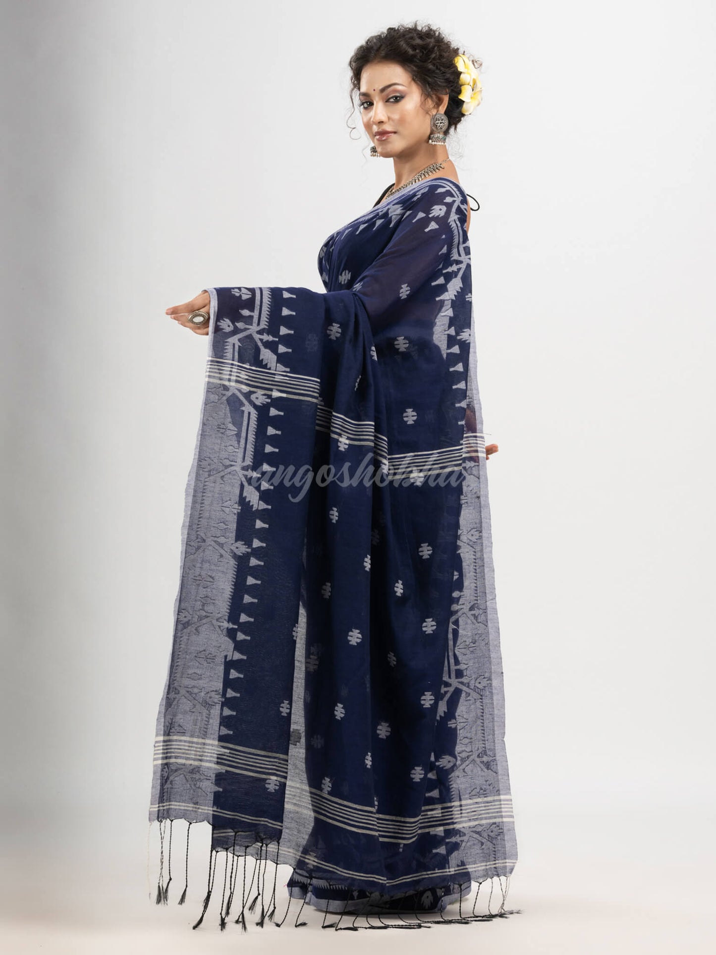 Navy Blue cotton jacquard jamdani saree