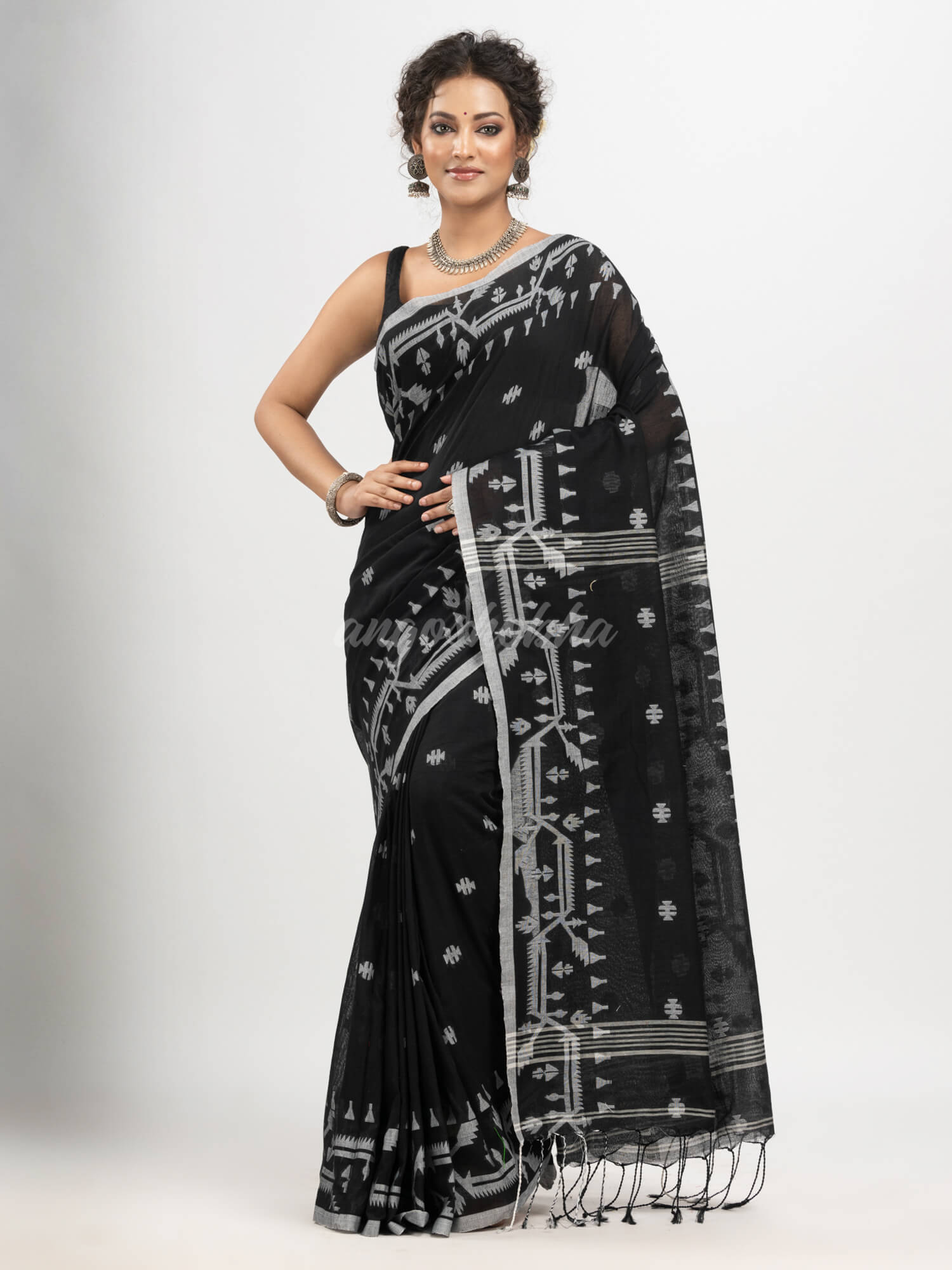Black cotton jacquard jamdani saree