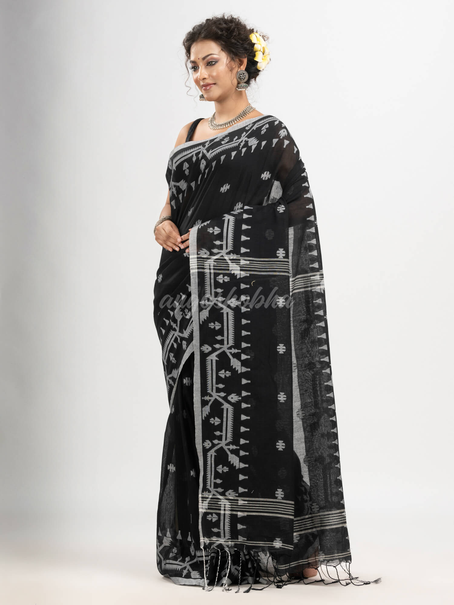 Black cotton jacquard jamdani saree