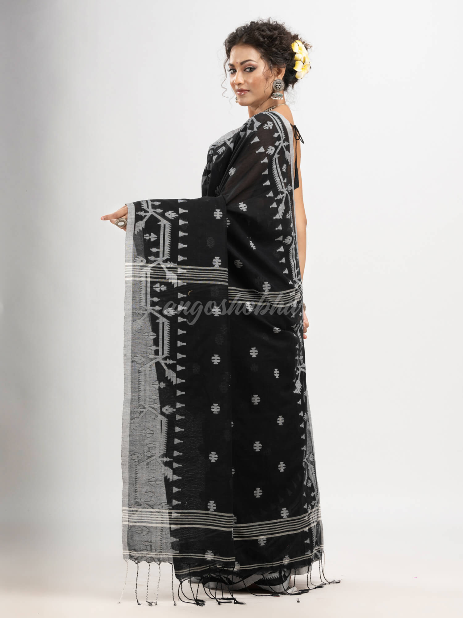 Black cotton jacquard jamdani saree