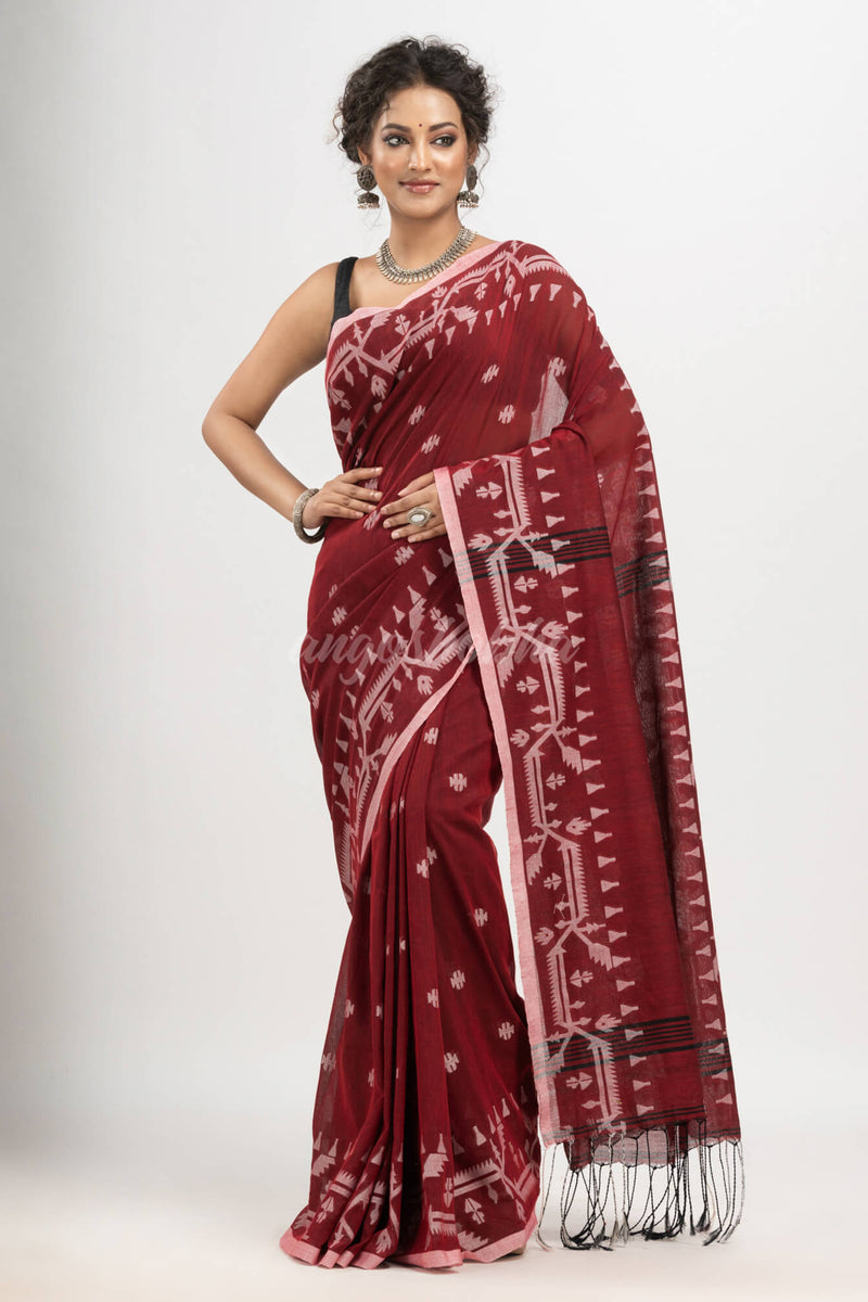 Maroon cotton jacquard jamdani saree
