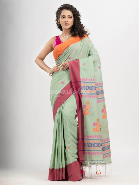 Sage Green cotton all body buti with kalka pallu and ganga jamuna solid broder jacquard saree