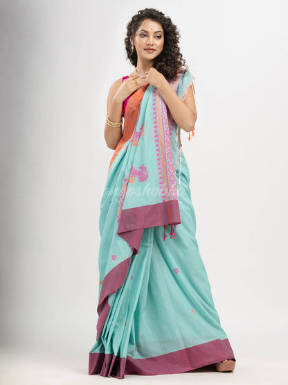 Turquoise (Tute) cotton all body buti with kalka pallu and ganga jamuna solid broder jacquard saree