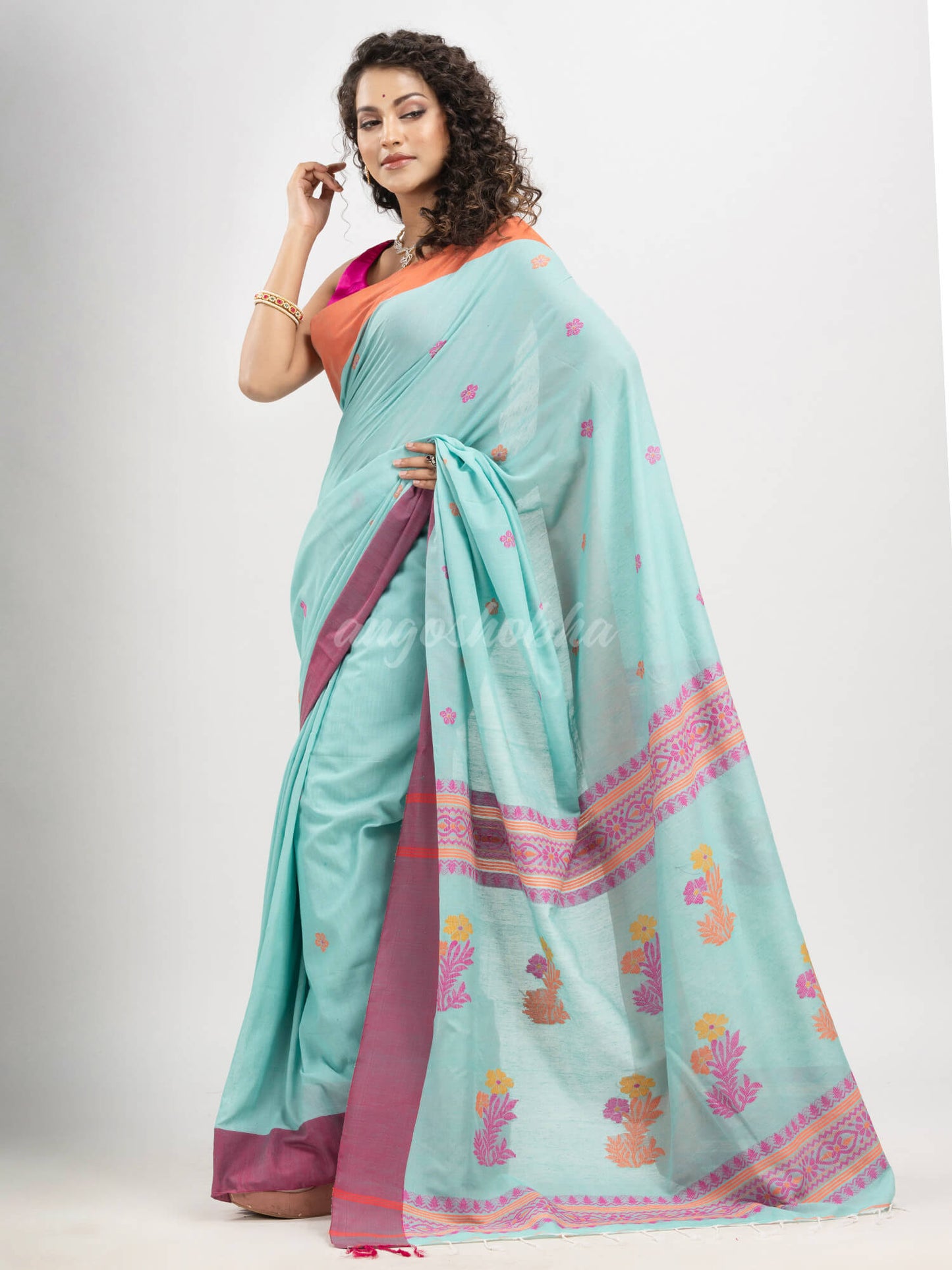 Turquoise (Tute) cotton all body buti with kalka pallu and ganga jamuna solid broder jacquard saree