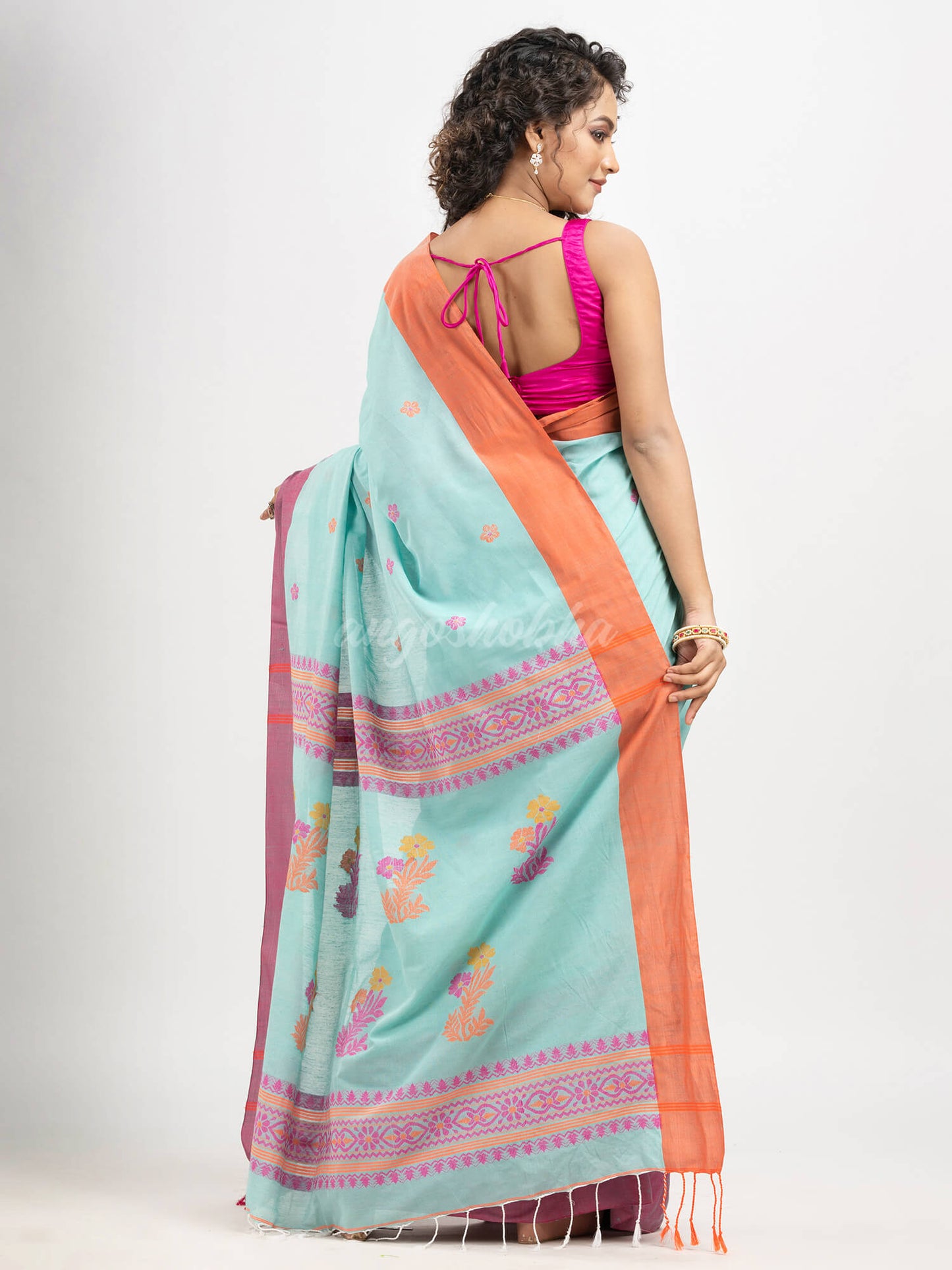 Turquoise (Tute) cotton all body buti with kalka pallu and ganga jamuna solid broder jacquard saree