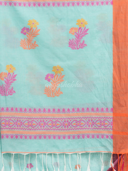 Turquoise (Tute) cotton all body buti with kalka pallu and ganga jamuna solid broder jacquard saree