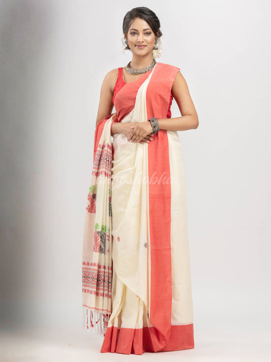 White cotton all body buti with kalka pallu and ganga jamuna solid broder jacquard saree