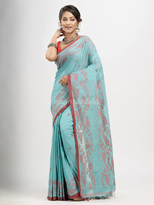 Auqa Blue cotton handwoven jacquard saree