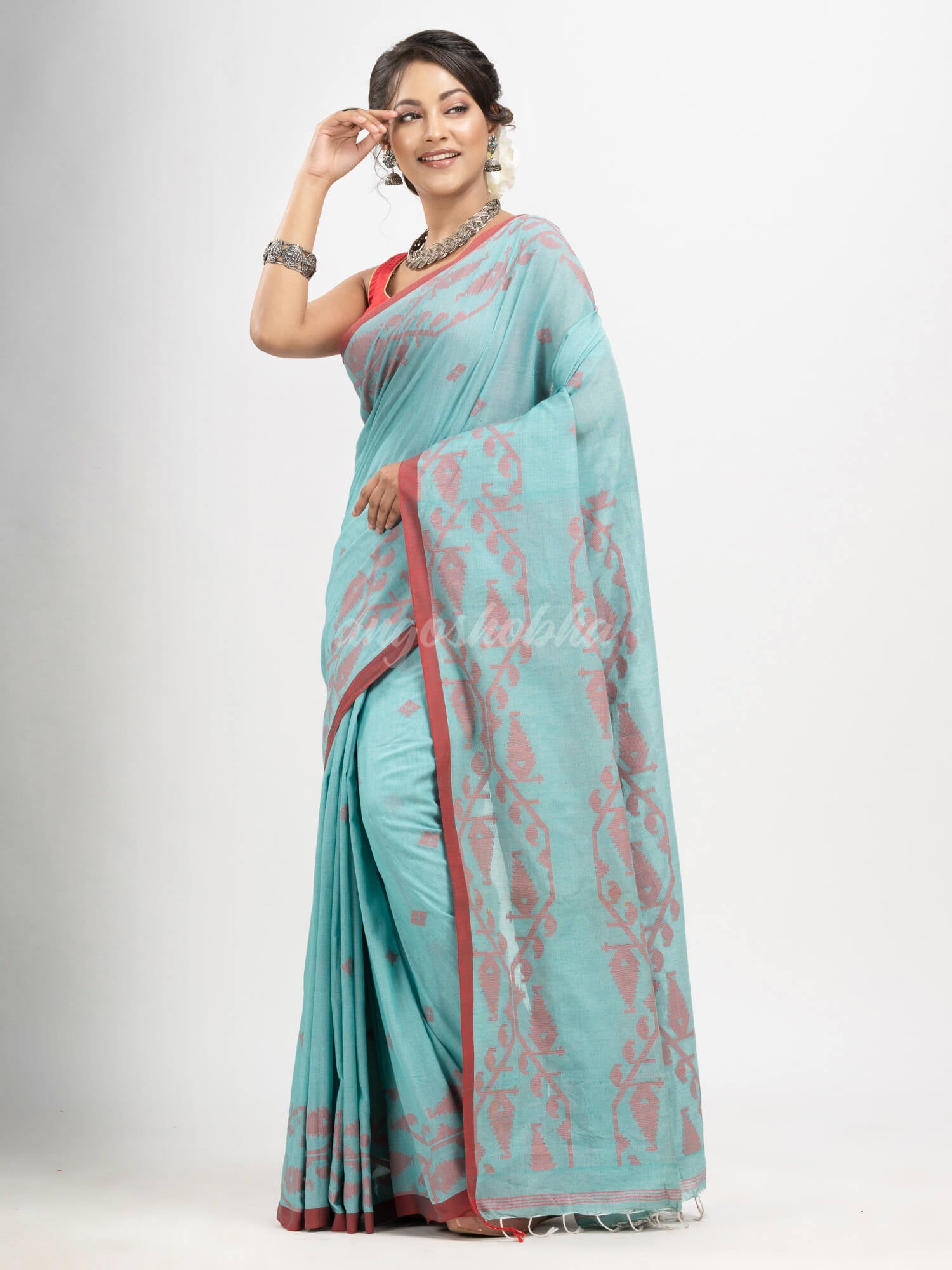 Auqa Blue cotton handwoven jacquard saree