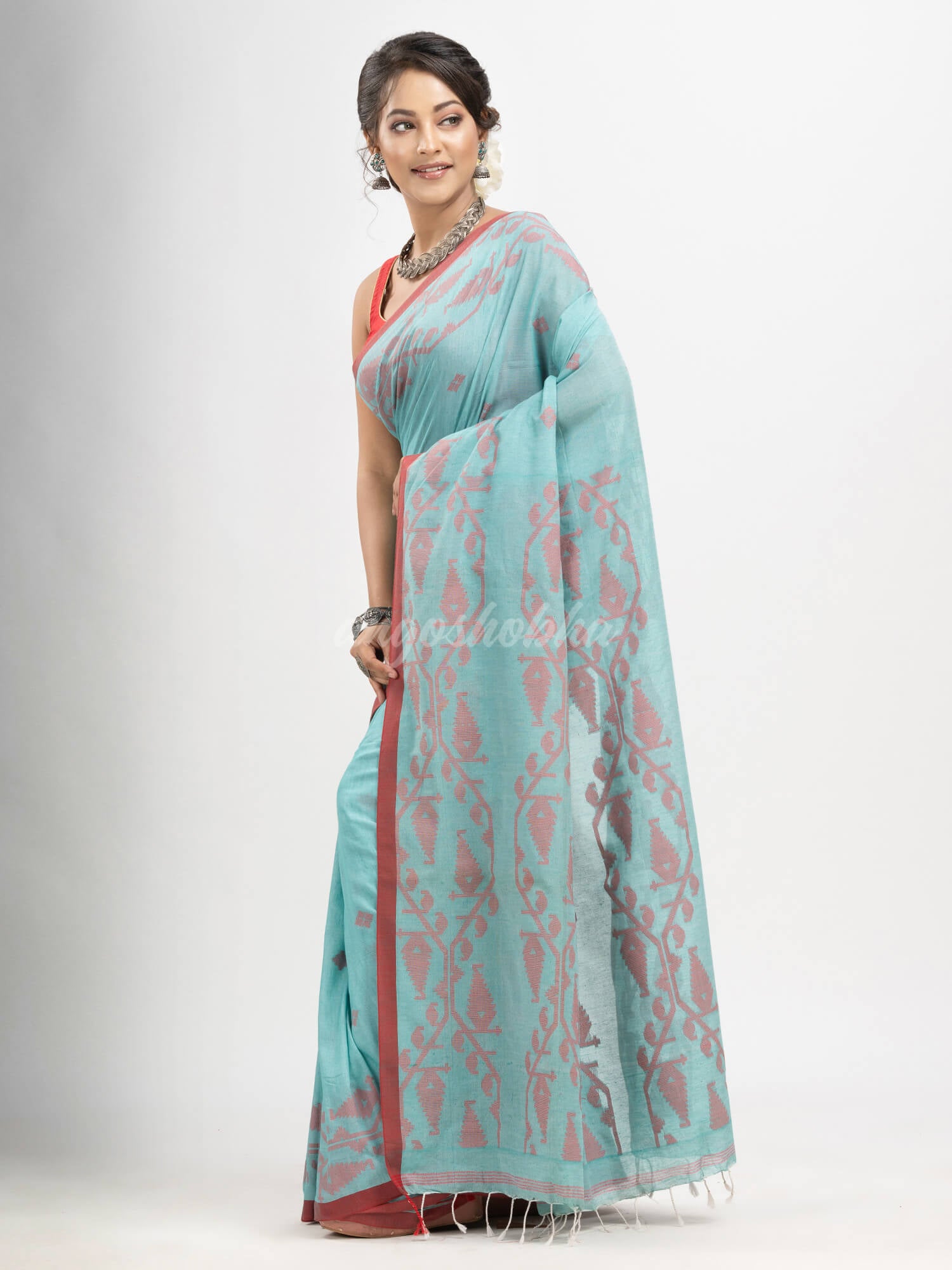 Auqa Blue cotton handwoven jacquard saree