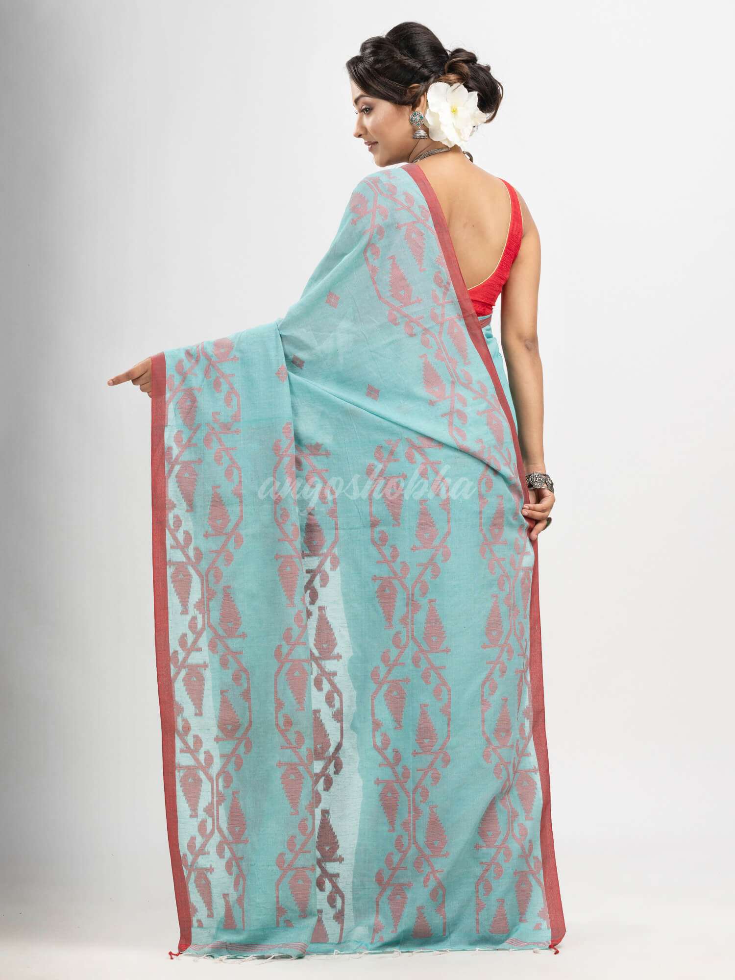 Auqa Blue cotton handwoven jacquard saree