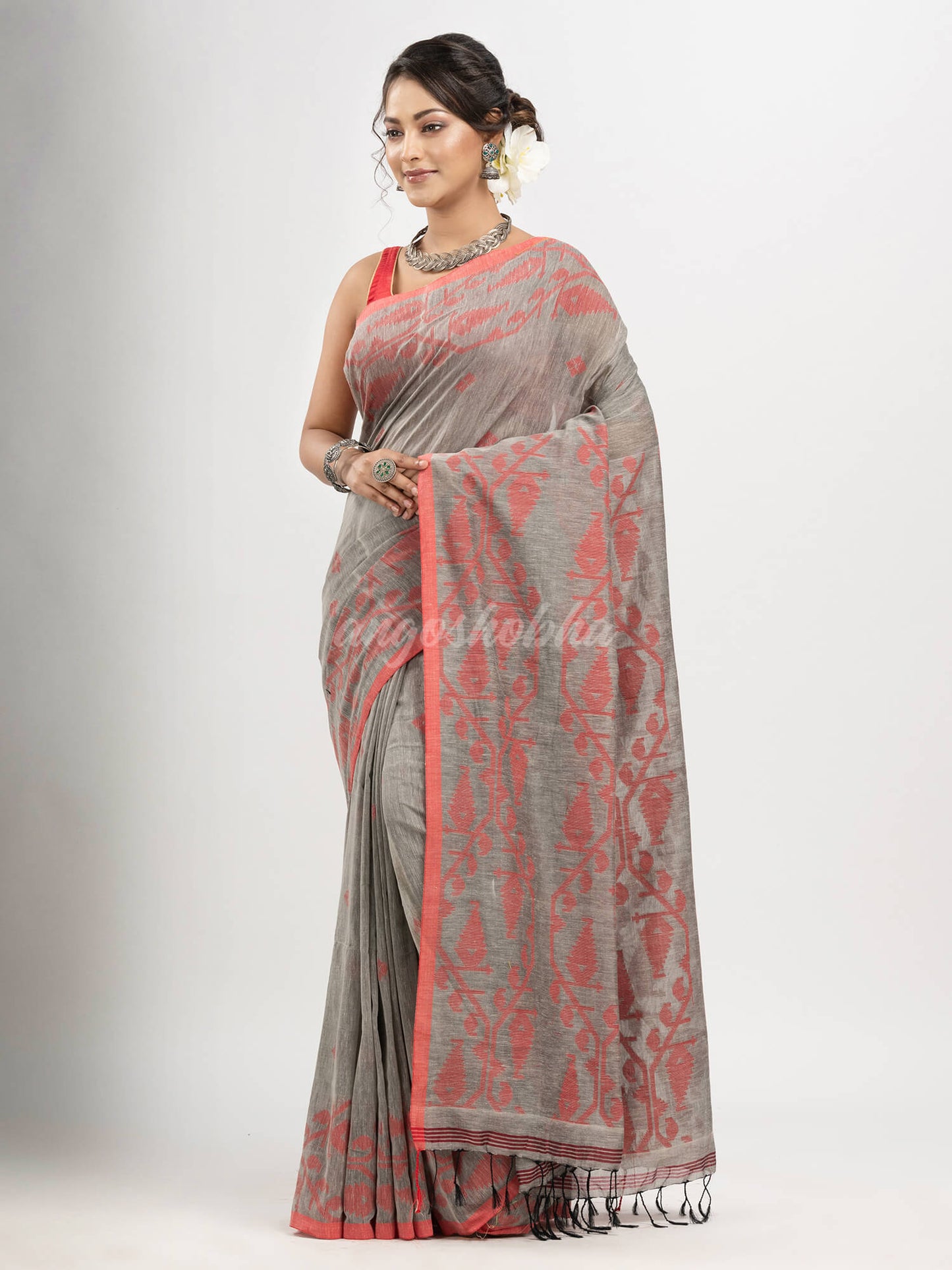 Grey cotton handwoven jacquard saree