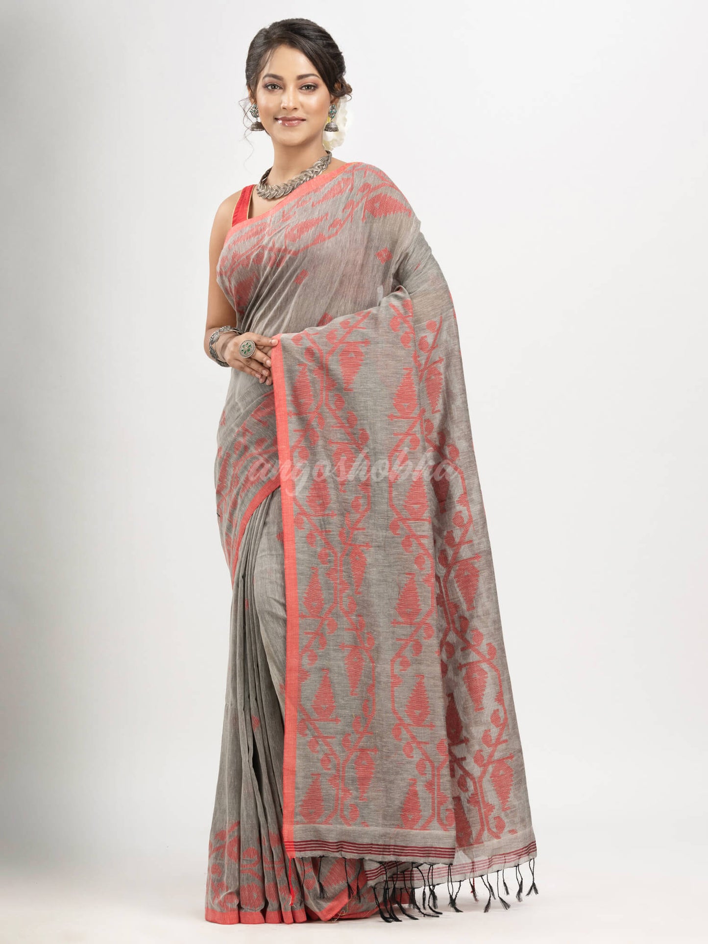 Grey cotton handwoven jacquard saree