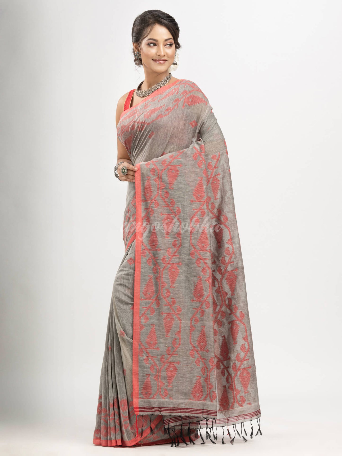 Grey cotton handwoven jacquard saree