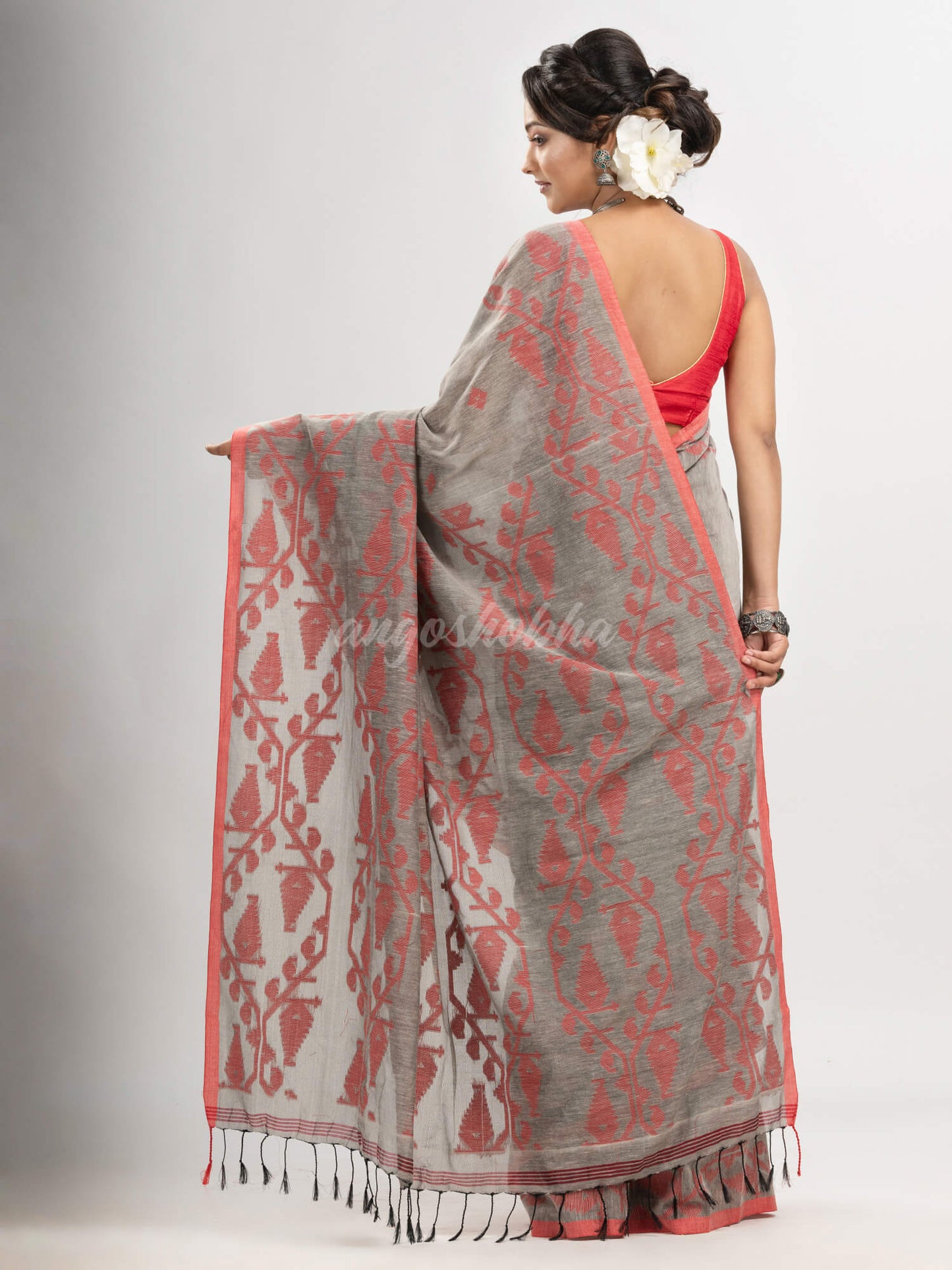 Grey cotton handwoven jacquard saree