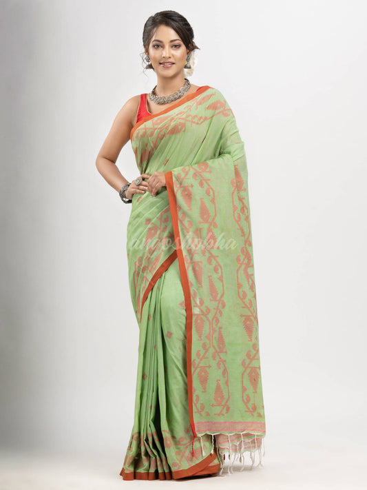 Mint Green cotton handwoven jacquard saree