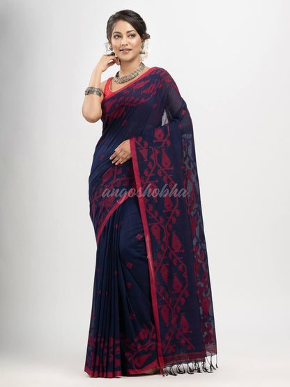 Navy Blue cotton handwoven jacquard saree