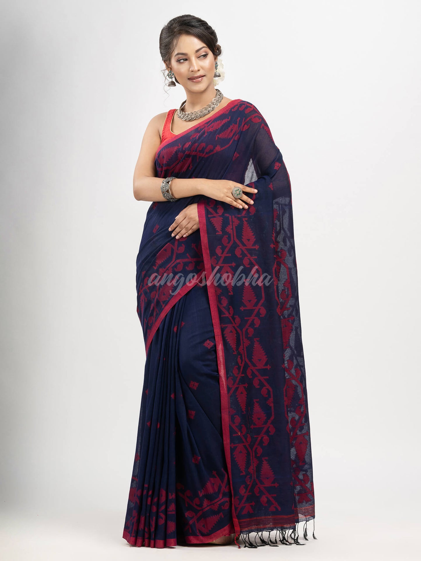 Navy Blue cotton handwoven jacquard saree