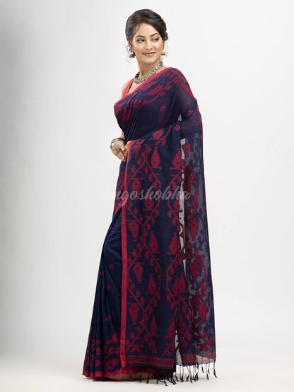 Navy Blue cotton handwoven jacquard saree