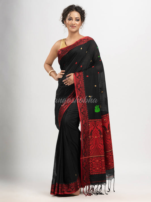 Black cotton all body buti with kalka pallu and jacquard broder handloom saree