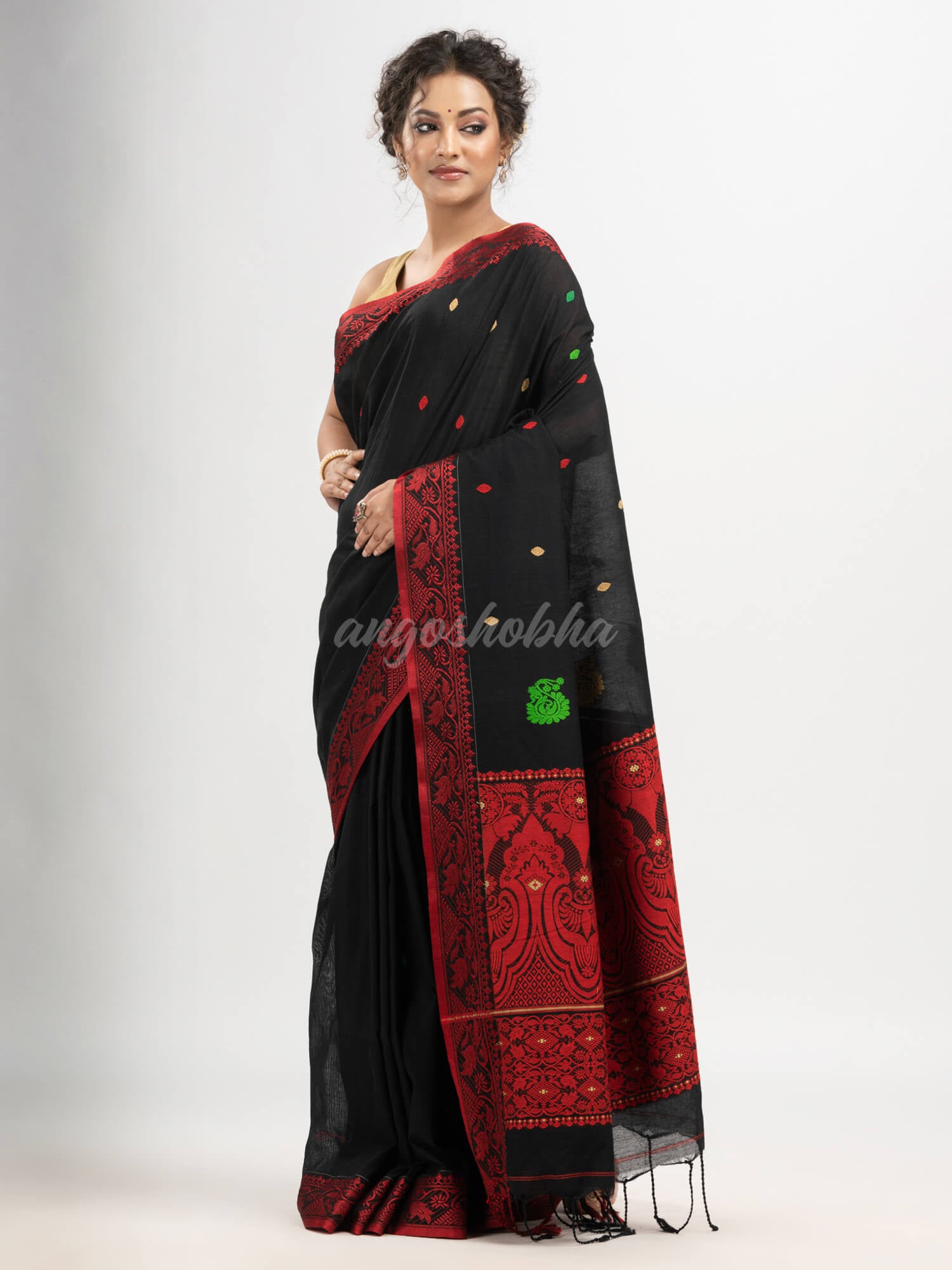 Black cotton all body buti with kalka pallu and jacquard broder handloom saree