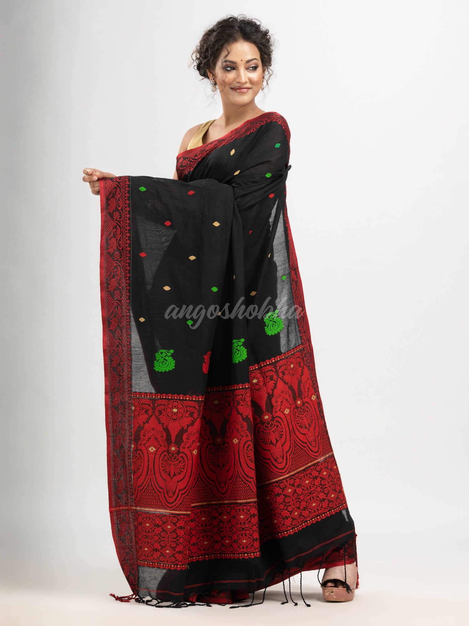 Black cotton all body buti with kalka pallu and jacquard broder handloom saree