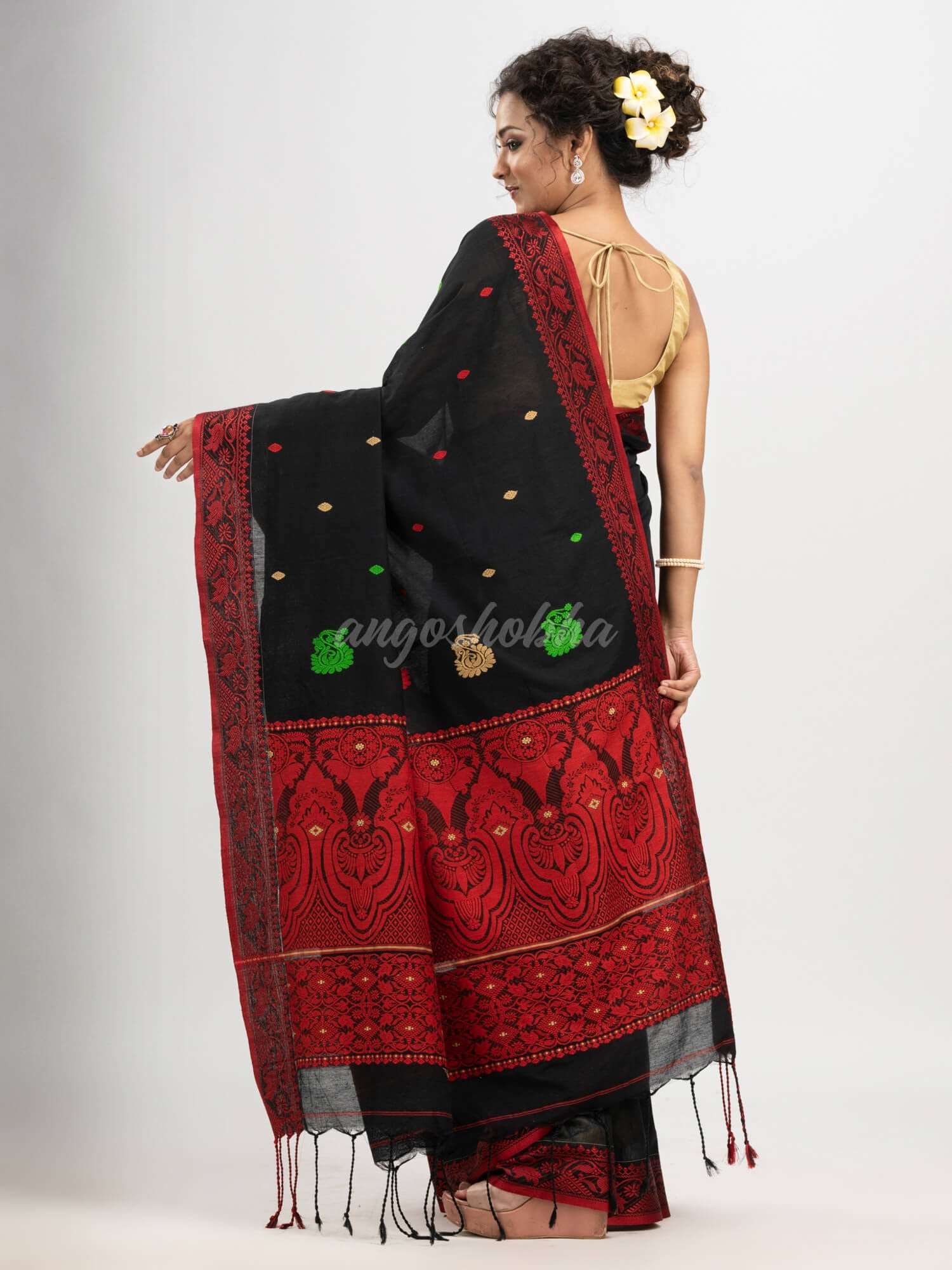 Black cotton all body buti with kalka pallu and jacquard broder handloom saree