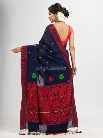 Nevy Blue cotton all body buti with kalka pallu and jacquard broder handloom saree