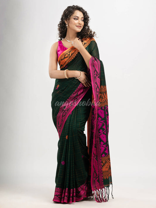 Bottle Green cotton all body tai dai with pallu jacquard and ganga jamuna jacquard broder handloom saree