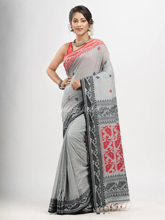 Pearl Grey cotton all body tai dai with pallu jacquard and ganga jamuna jacquard broder handloom saree