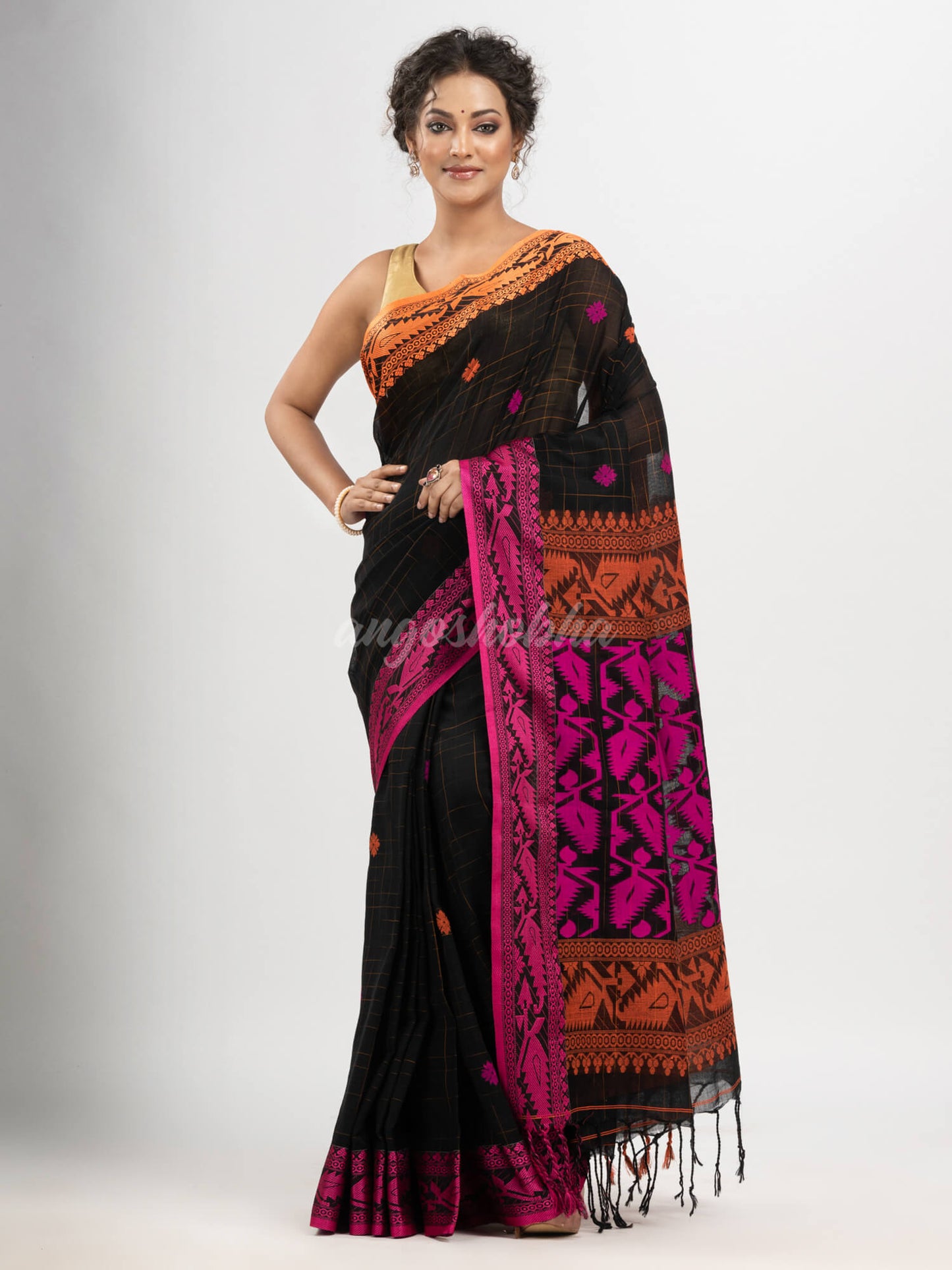 Black cotton all body tai dai with pallu jacquard and ganga jamuna jacquard broder handloom saree