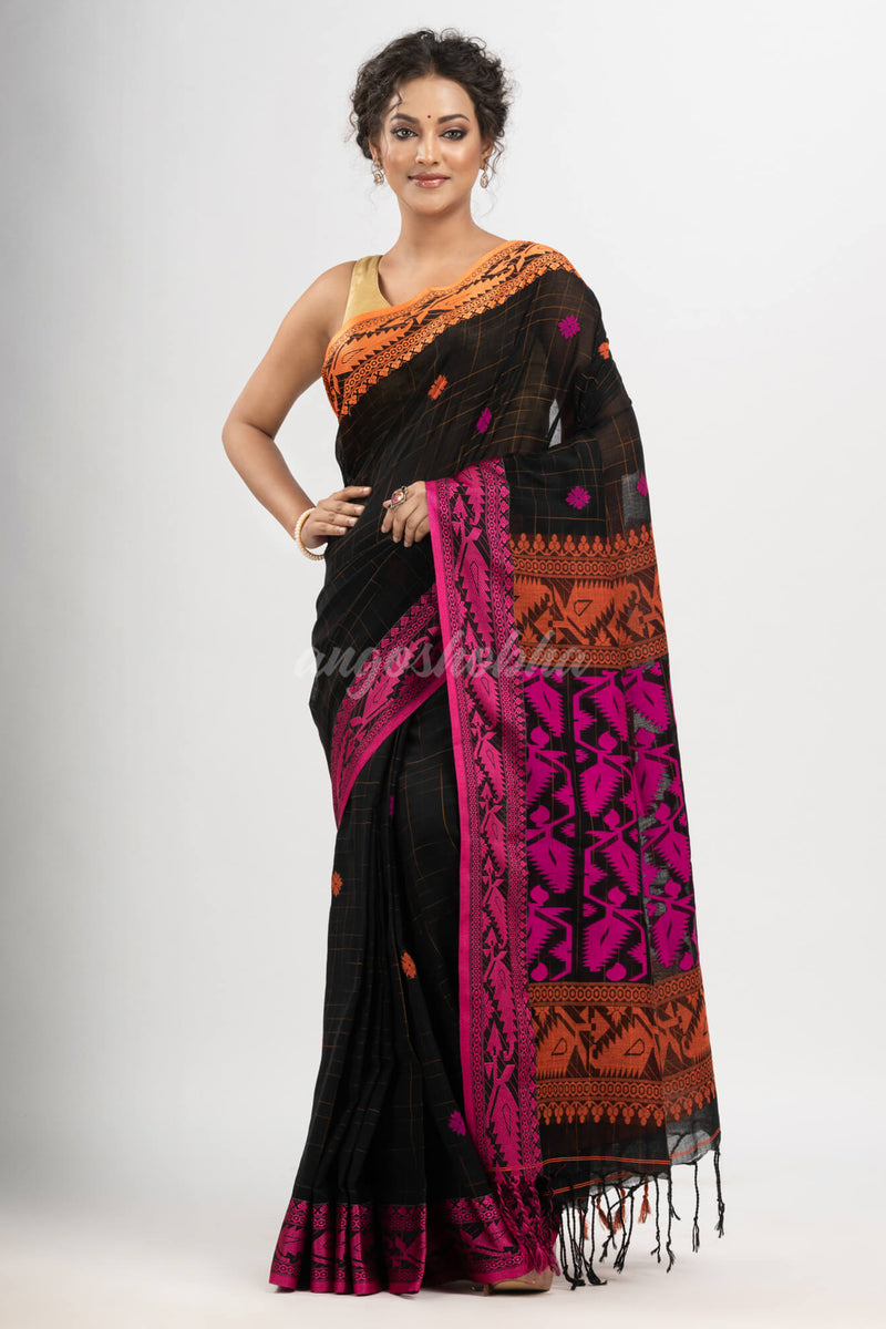 Black cotton all body tai dai with pallu jacquard and ganga jamuna jacquard broder handloom saree