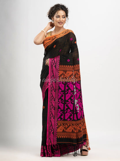 Black cotton all body tai dai with pallu jacquard and ganga jamuna jacquard broder handloom saree