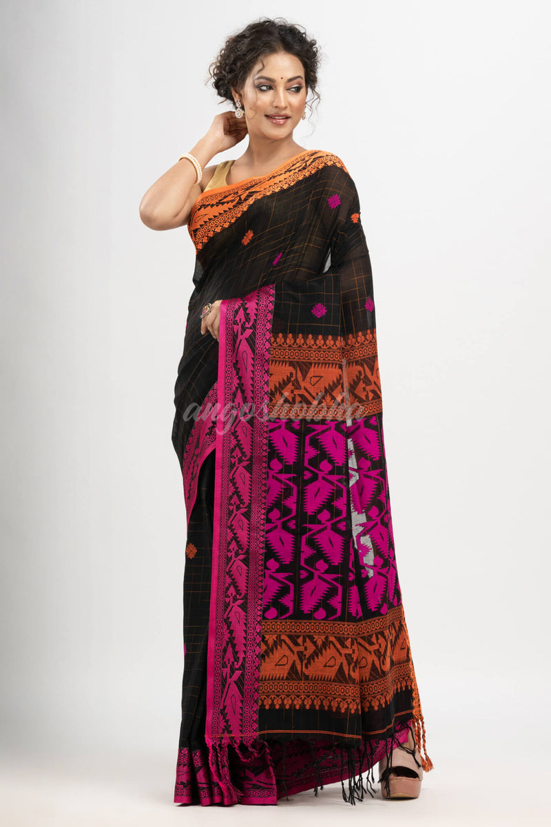Black cotton all body tai dai with pallu jacquard and ganga jamuna jacquard broder handloom saree