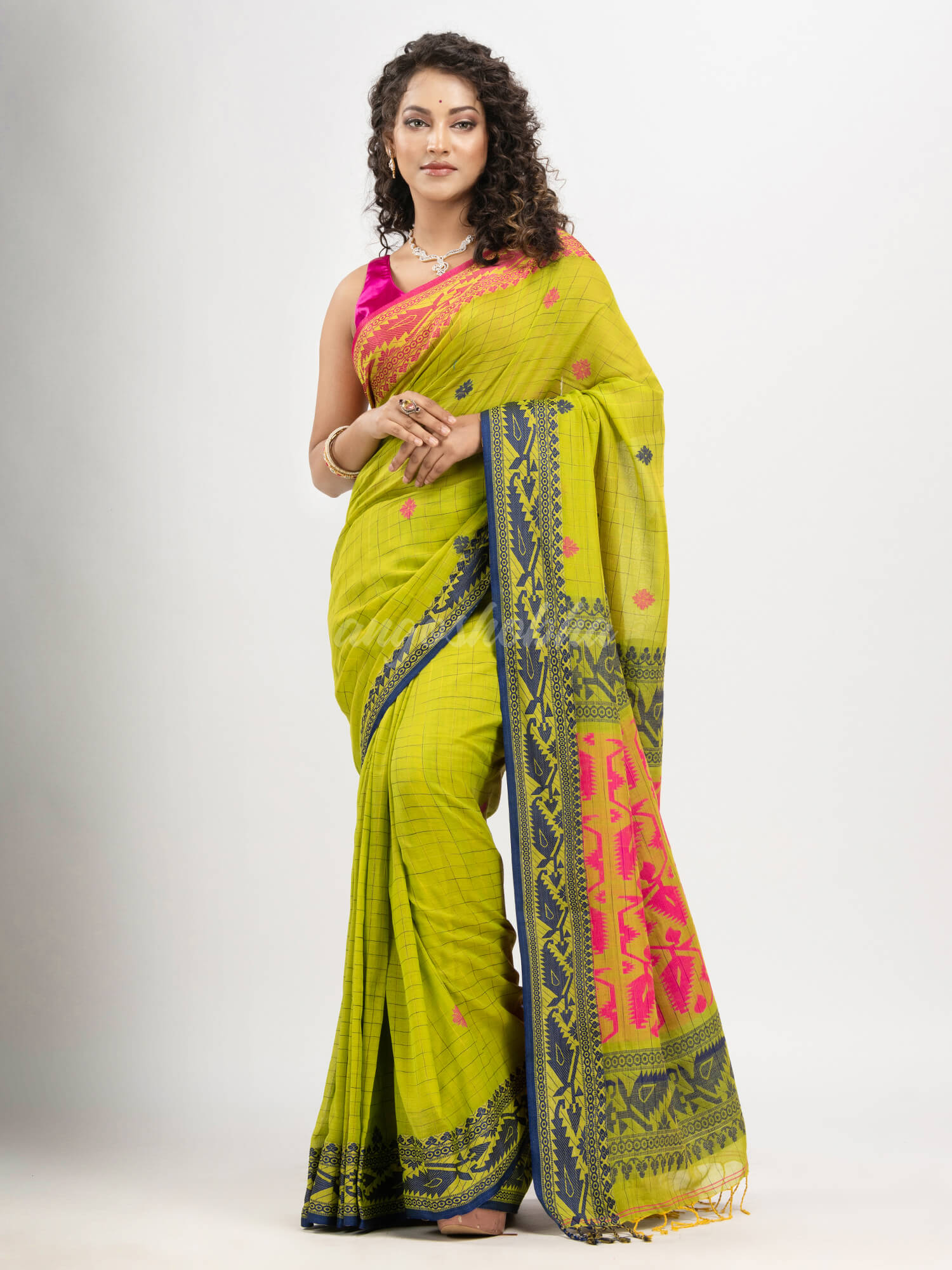 Pear Green cotton all body tai dai with pallu jacquard and ganga jamuna jacquard broder handloom saree
