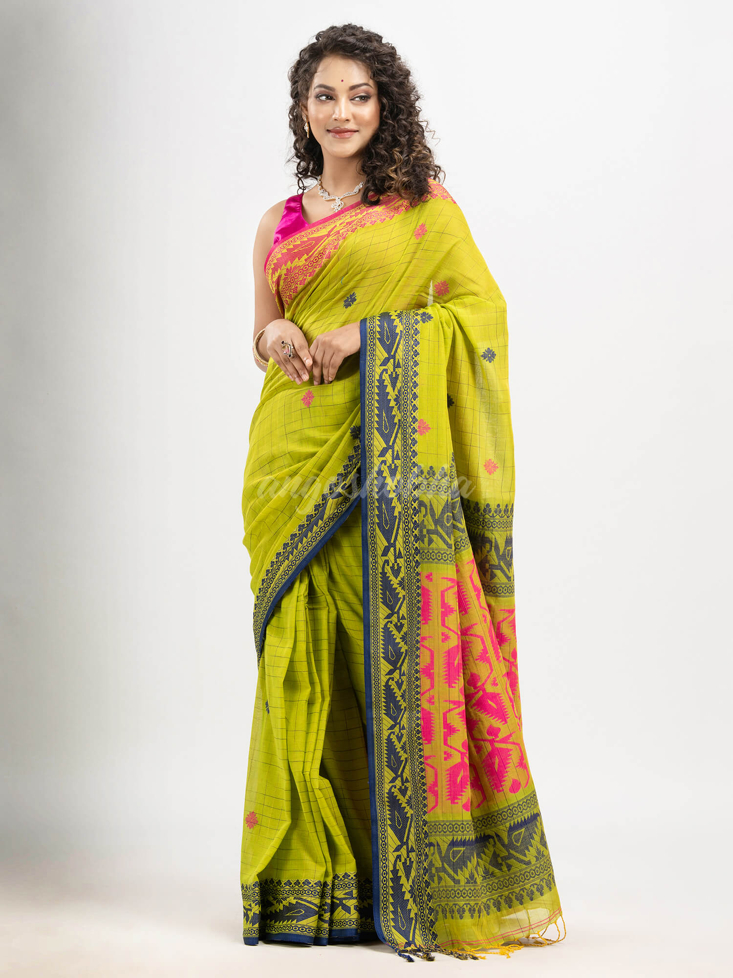 Pear Green cotton all body tai dai with pallu jacquard and ganga jamuna jacquard broder handloom saree