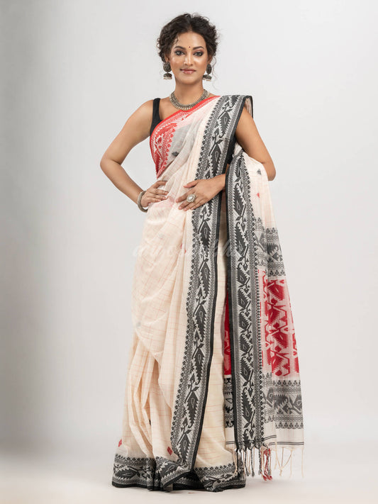 White cotton all body tai dai with pallu jacquard and ganga jamuna jacquard broder handloom saree