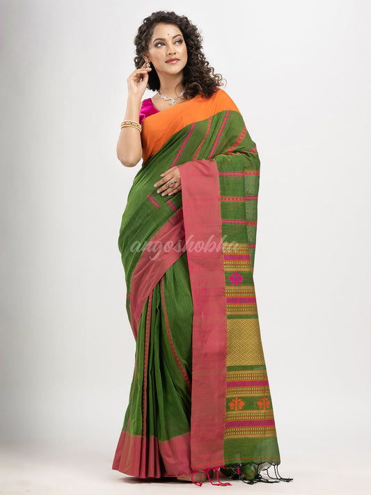 Jungle Green cotton all body jacquard stripe with pallu jacquard and ganga jamuna solid broder handloom saree