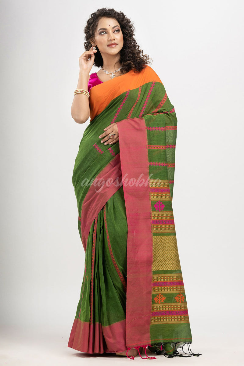 Jungle Green cotton all body jacquard stripe with pallu jacquard and ganga jamuna solid broder handloom saree