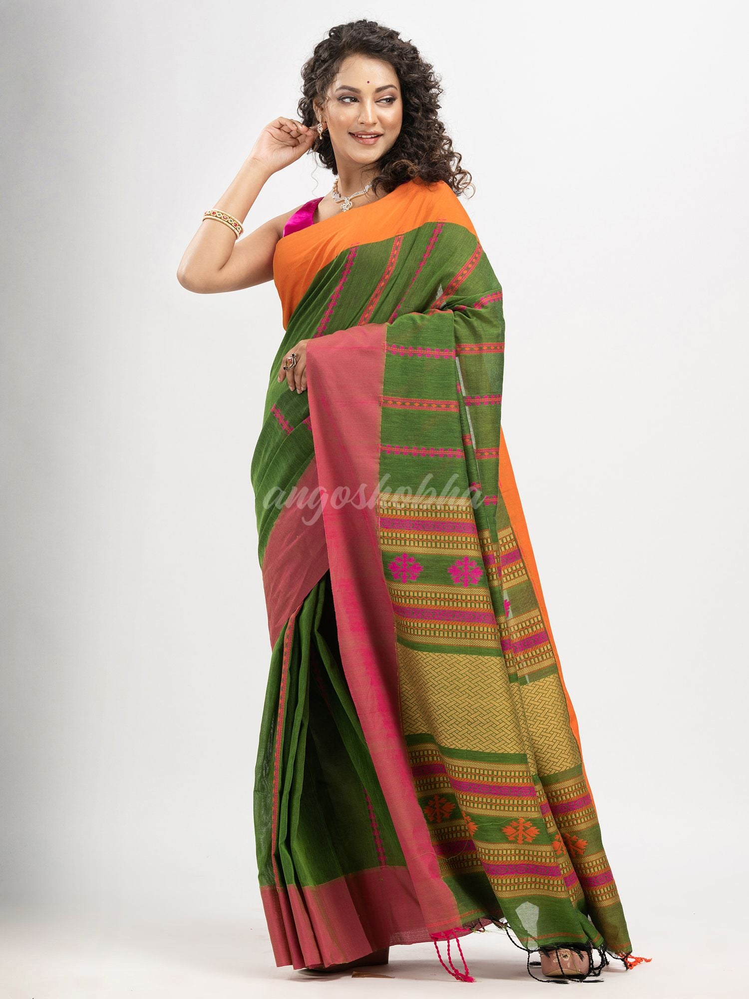 Jungle Green cotton all body jacquard stripe with pallu jacquard and ganga jamuna solid broder handloom saree