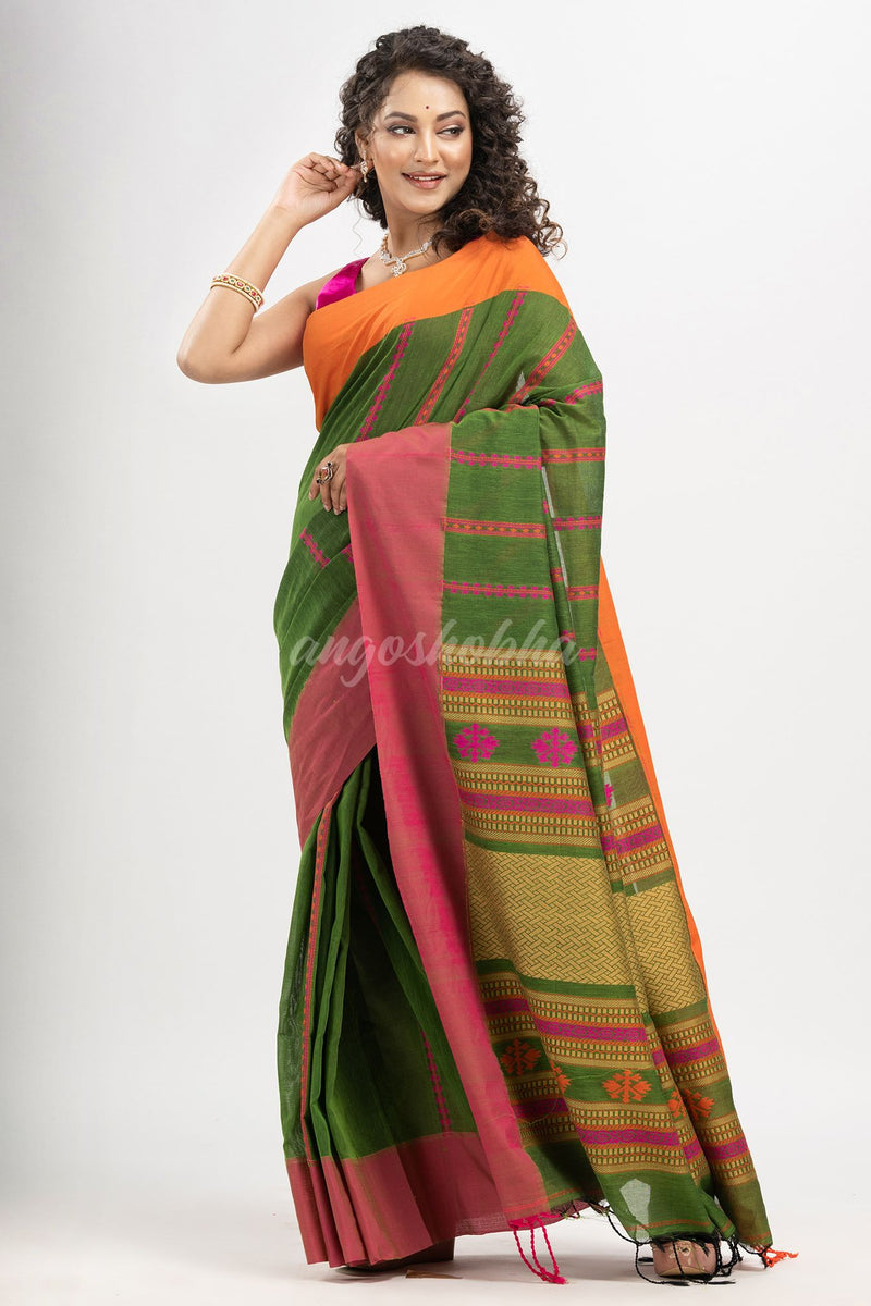 Jungle Green cotton all body jacquard stripe with pallu jacquard and ganga jamuna solid broder handloom saree
