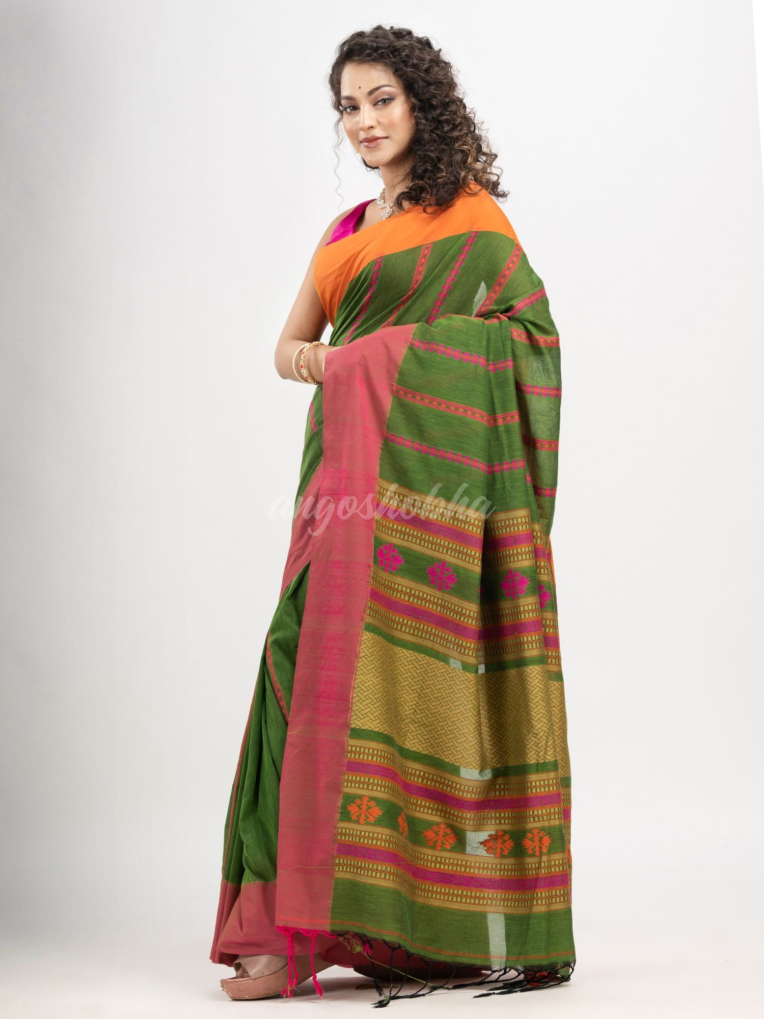 Jungle Green cotton all body jacquard stripe with pallu jacquard and ganga jamuna solid broder handloom saree