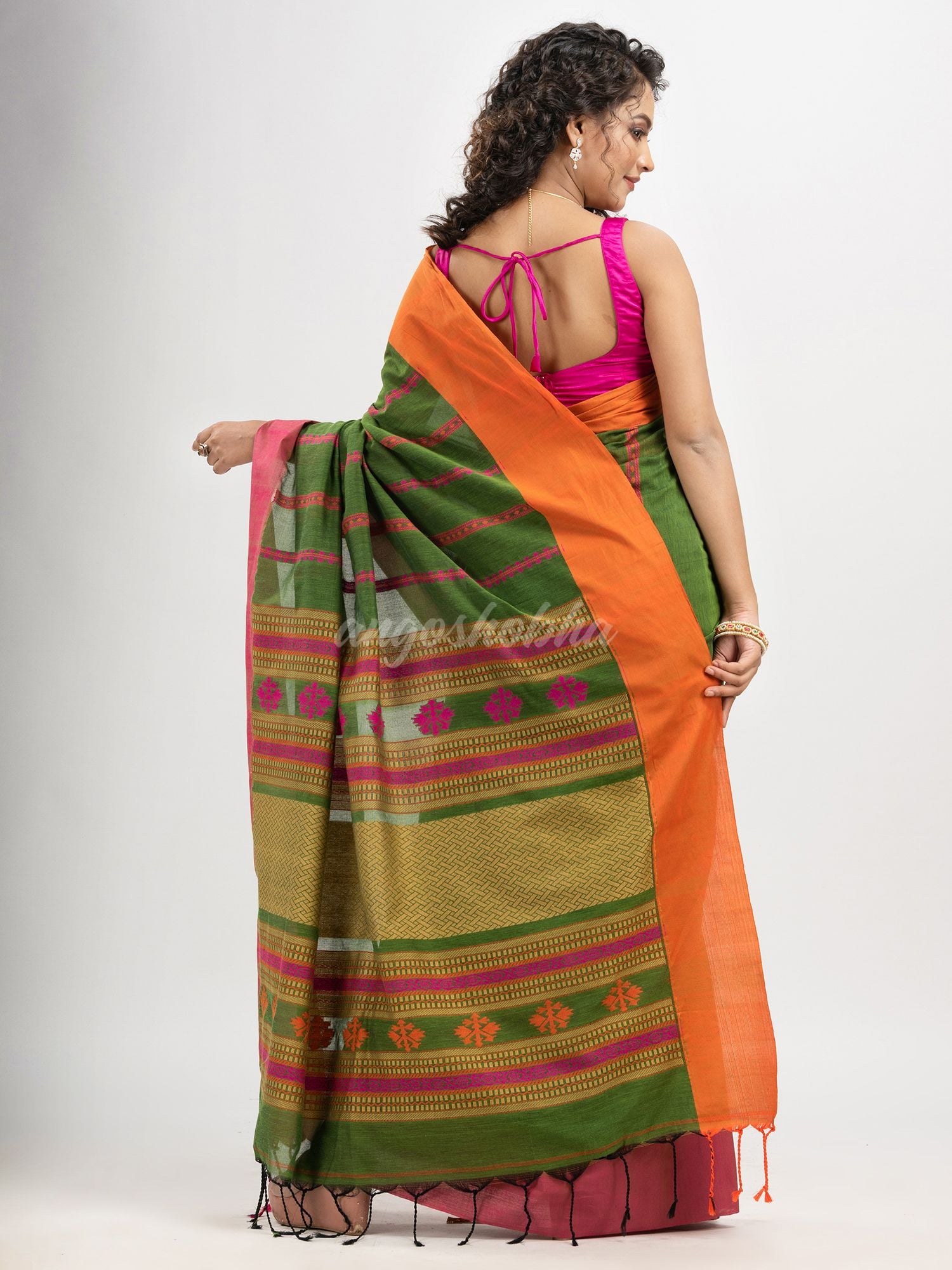 Jungle Green cotton all body jacquard stripe with pallu jacquard and ganga jamuna solid broder handloom saree